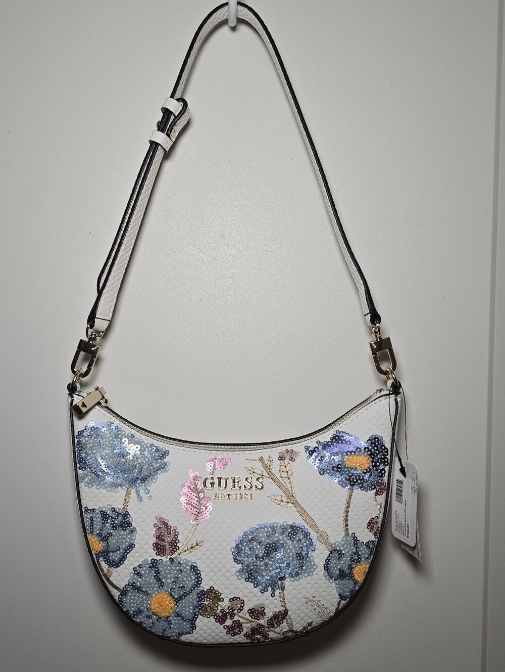 GUESS White Floral Sequin Shoulder Bag